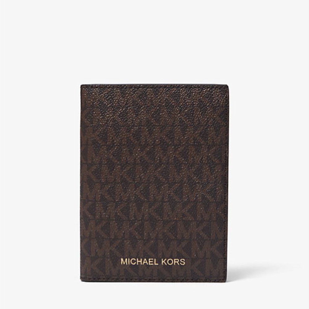 Michael Kors Logo Passport Wallet Travel Holder Case Signature Brown Jet Set